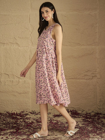 A Floral-Printed Knee-Length Dress With V Neckline Perfect For Turning Heads From Brunch To Evening Outings.